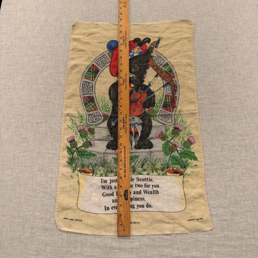 Vintage Lamont Scottie Dog Bagpipes Tea Towel Linen Cotton Made in UK Scottish